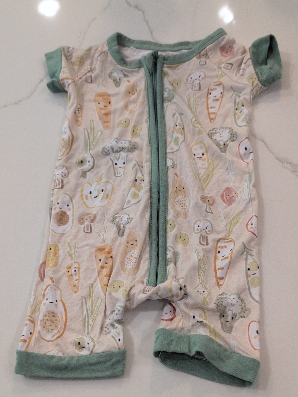Short-Sleeve Baby One-Piece Bodysuit in Sage Trim with Vegetable Print